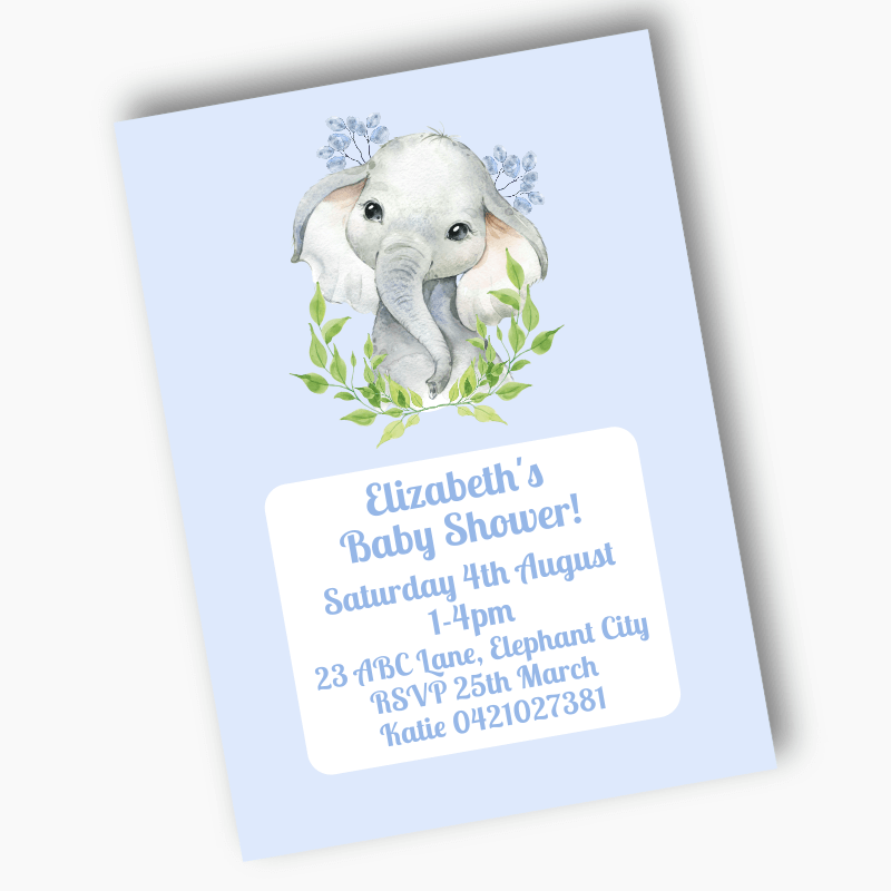 Blue Floral African Elephant Party Invites