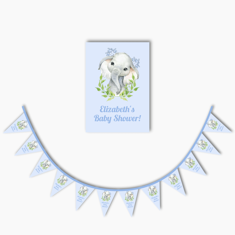 Blue Floral African Elephant Party Poster &amp; Bunting Combo