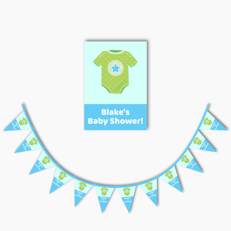 Personalised Blue &amp; Green Onesie Baby Shower Poster &amp; Bunting Combo