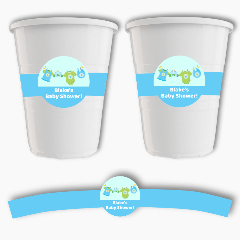 Personalised Blue &amp; Green Onesie Baby Shower Cup Stickers