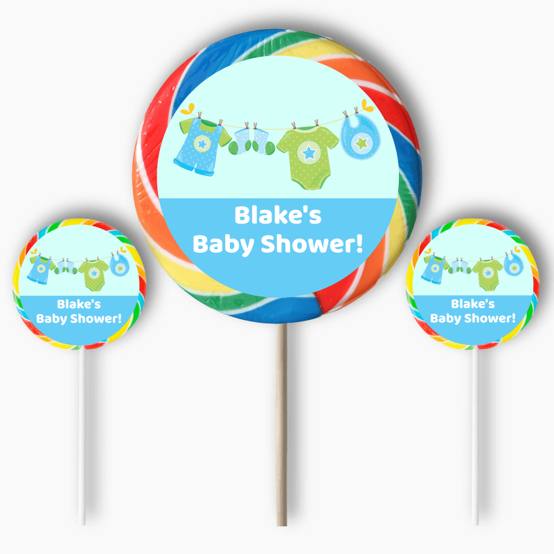 Personalised Blue &amp; Green Onesie Baby Shower Round Stickers