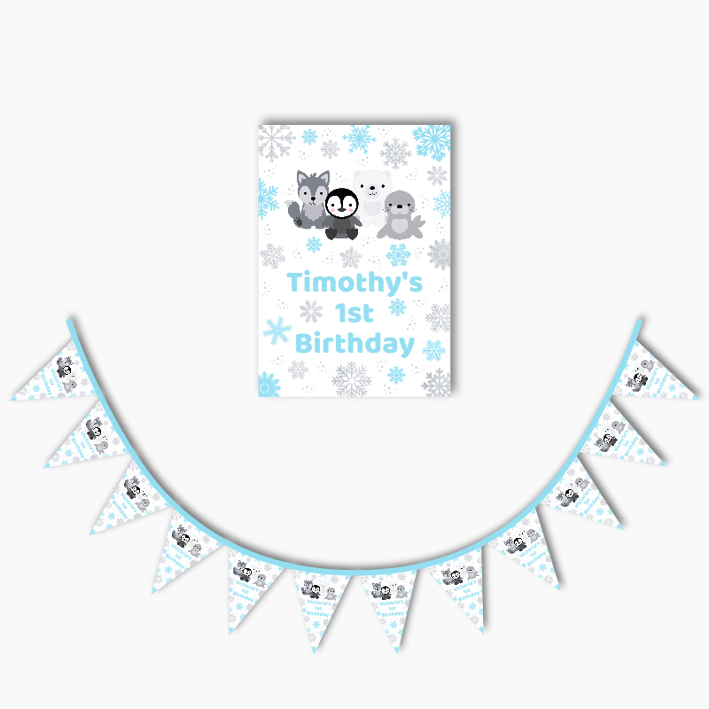 Personalised Blue Arctic Animals Party Poster &amp; Bunting Combo