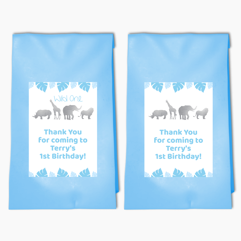 Personalised Blue &amp; Silver Safari Animals Party Bags &amp; Labels