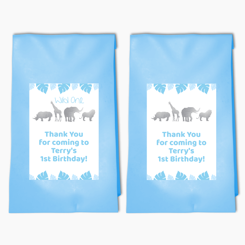 Personalised Blue & Silver Safari Animals Party Bags & Labels