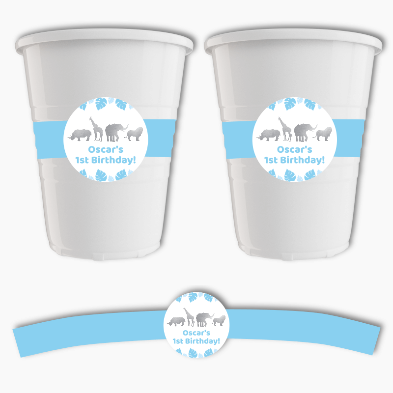 Blue &amp; Silver Safari Jungle Animals Party Cup Stickers