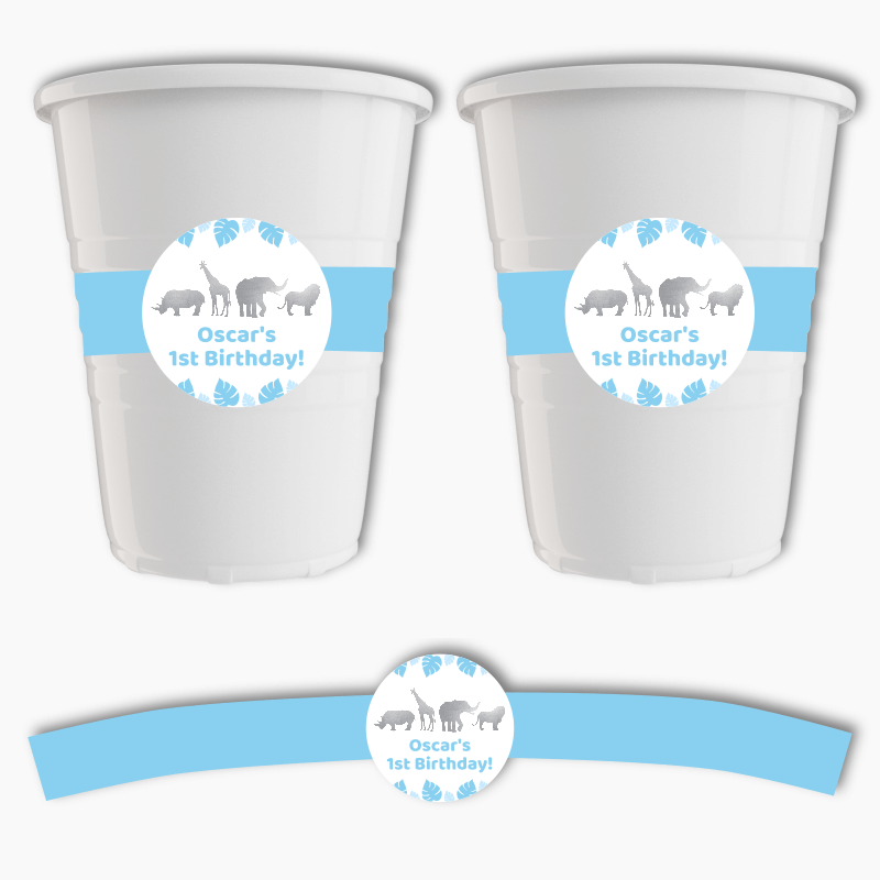 Blue & Silver Safari Jungle Animals Party Cup Stickers
