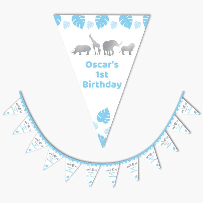 Personalised Blue &amp; Silver Safari Animals Party Flag Bunting