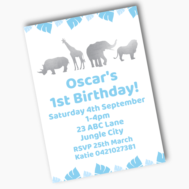 Personalised Blue & Silver Safari Animals Party Invites