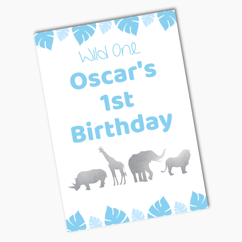 Personalised Blue &amp; Silver Safari Animals Party Posters