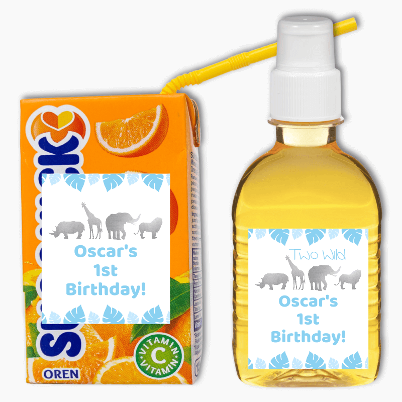 Blue &amp; Silver Safari Animals Party Rectangle Drink Labels