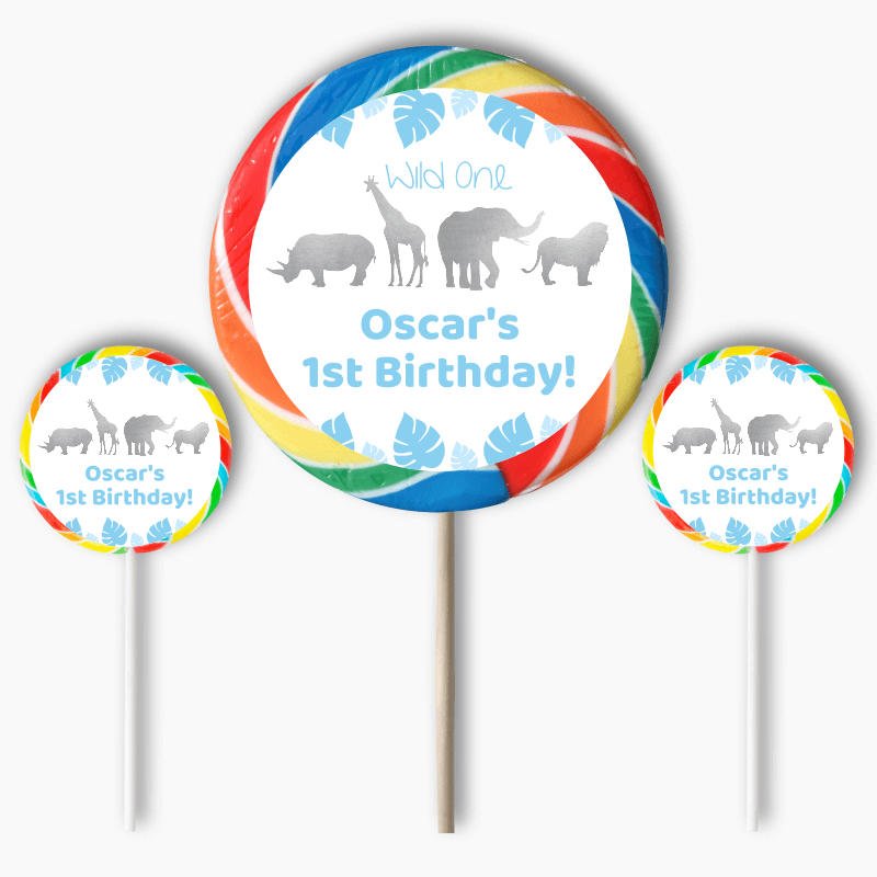 Personalised Blue &amp; Silver Safari Animals Party Round Stickers