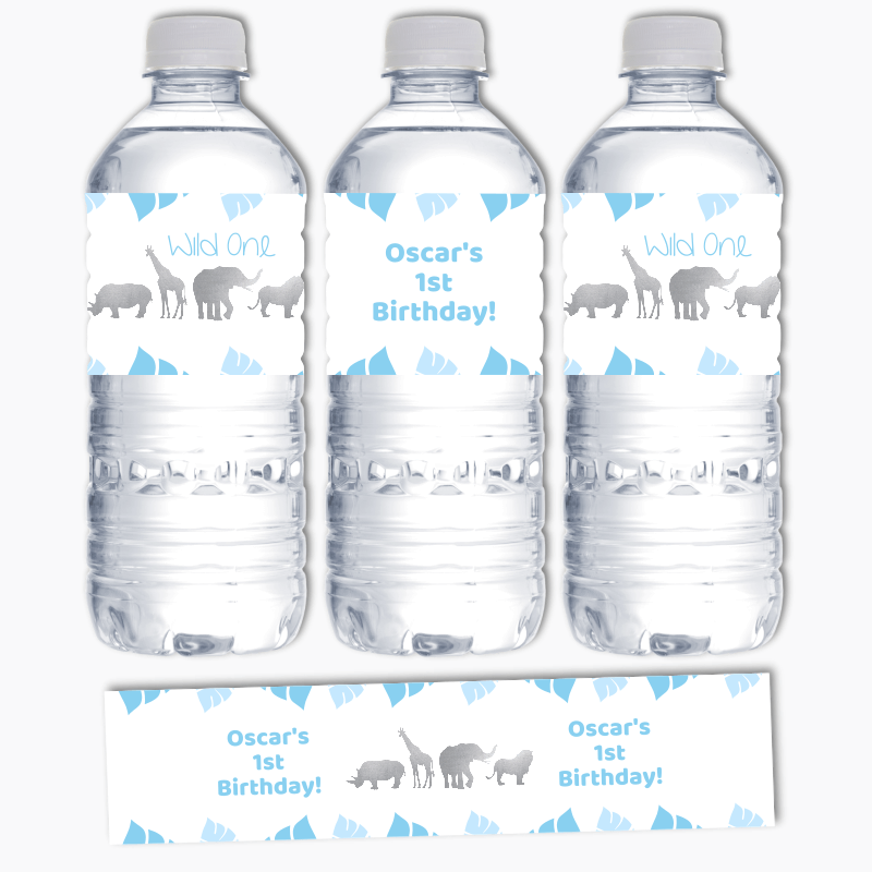 Personalised Blue &amp; Silver Safari Animals Party Water Labels