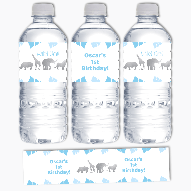Personalised Blue & Silver Safari Animals Party Water Labels