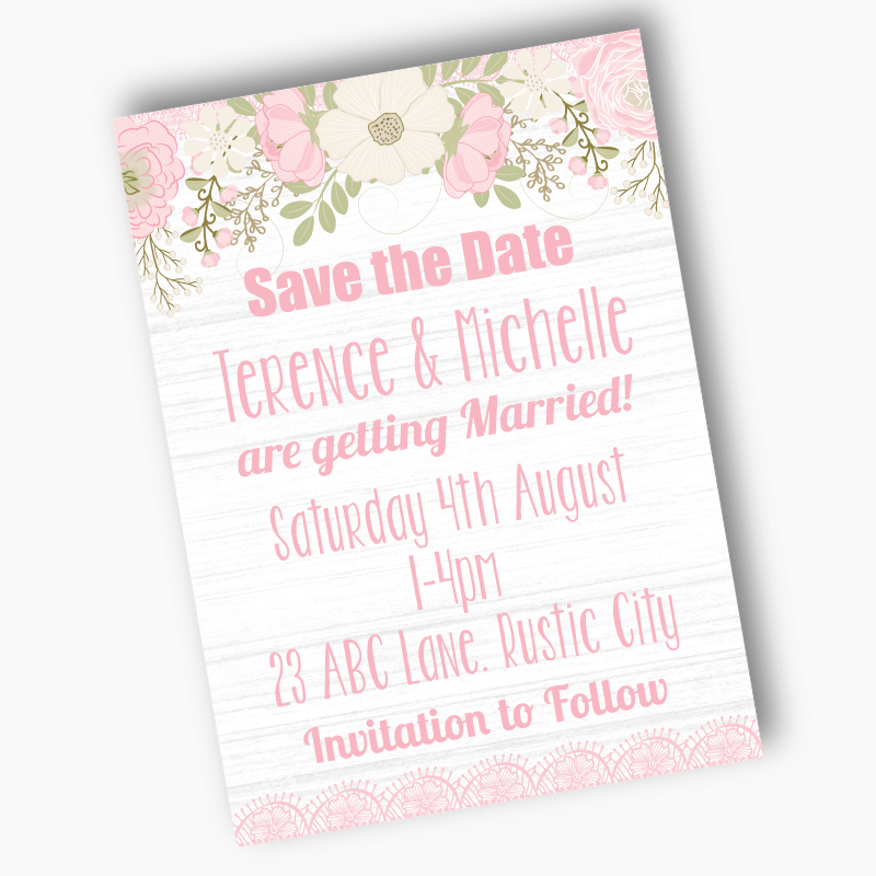 Personalised Boho Pink Floral & Lace Wedding Save the Date Cards