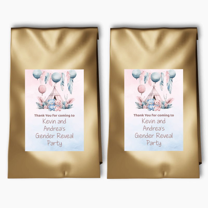 Personalised Boho Teddy Bear Gender Reveal Party Bags & Labels