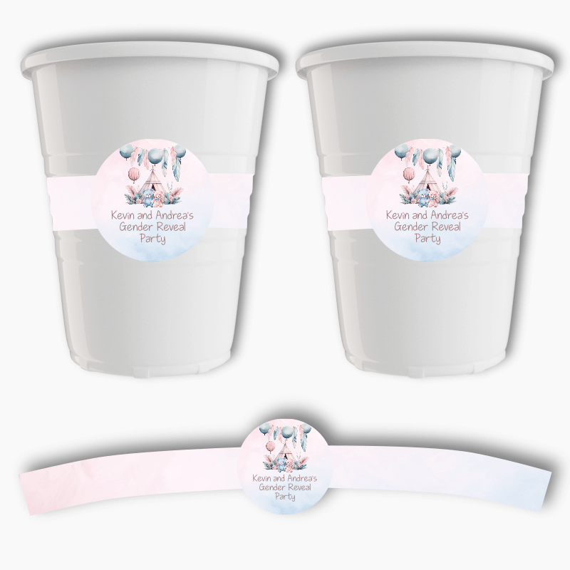 Personalised Boho Teddy Bear Gender Reveal Party Cup Stickers