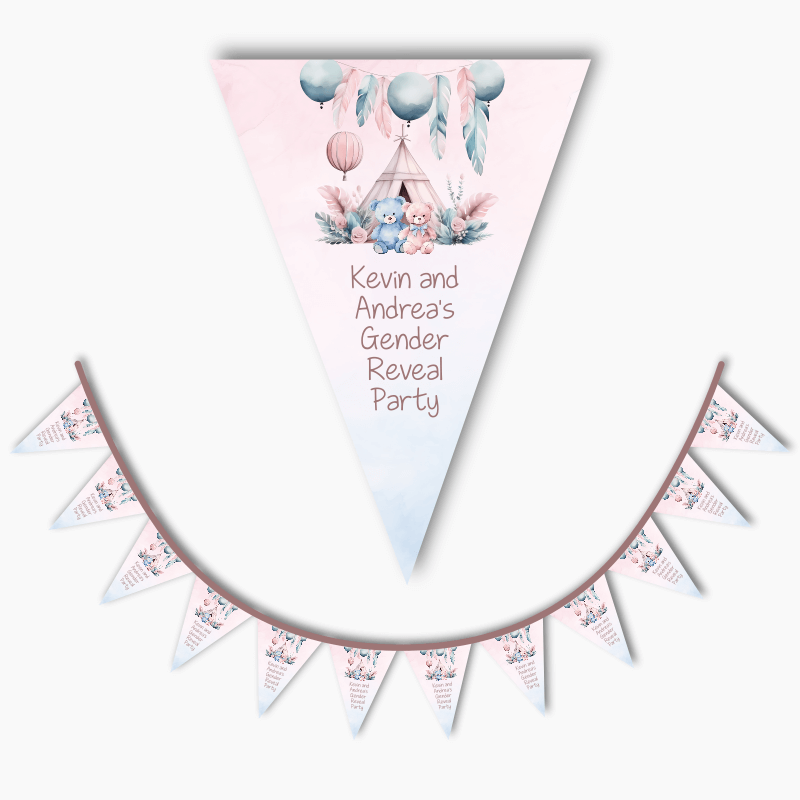 Personalised Boho Teddy Bear Gender Reveal Party Flag Bunting