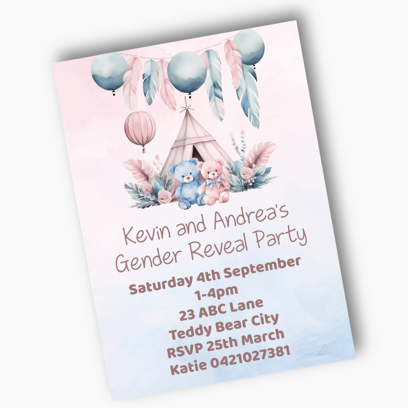 Personalised Boho Teddy Bear Gender Reveal Party Invites