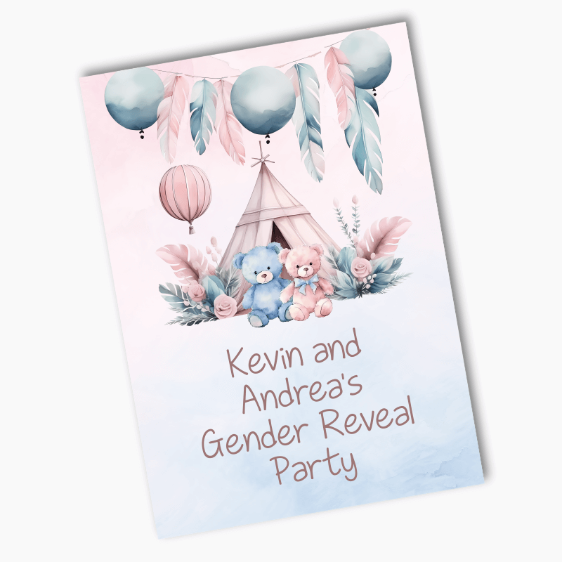 Personalised Boho Teddy Bear Gender Reveal Party Posters