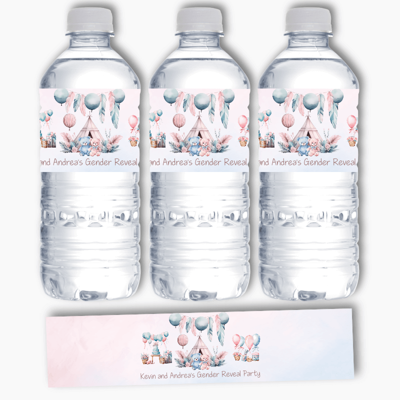 Personalised Boho Teddy Bear Gender Reveal Water Labels