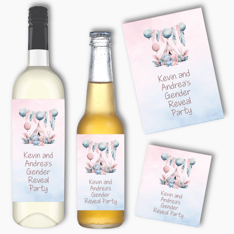 Personalised Boho Teddy Bear Gender Reveal Wine & Beer Labels