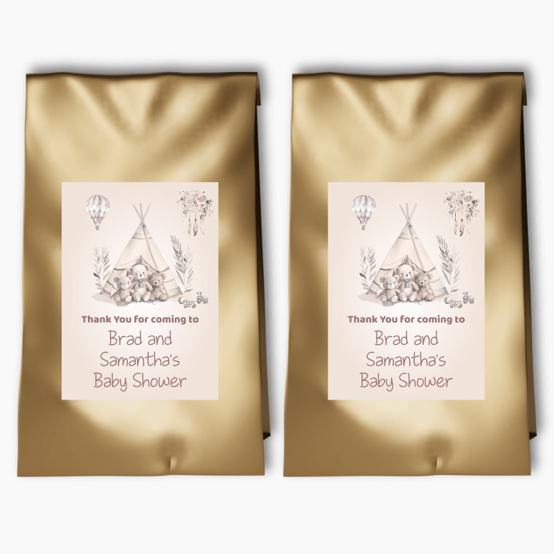 Personalised Boho Teddy Bears Baby Shower Party Bags &amp; Labels