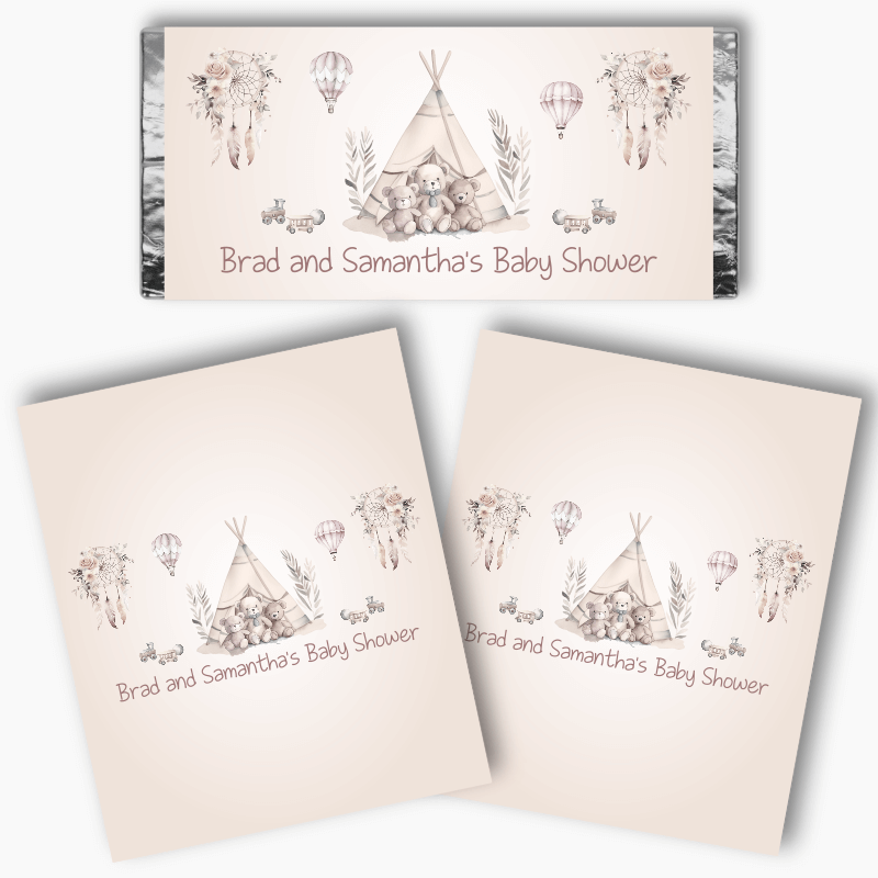 Personalised Boho Teddy Bears Baby Shower Mini Chocolate Labels