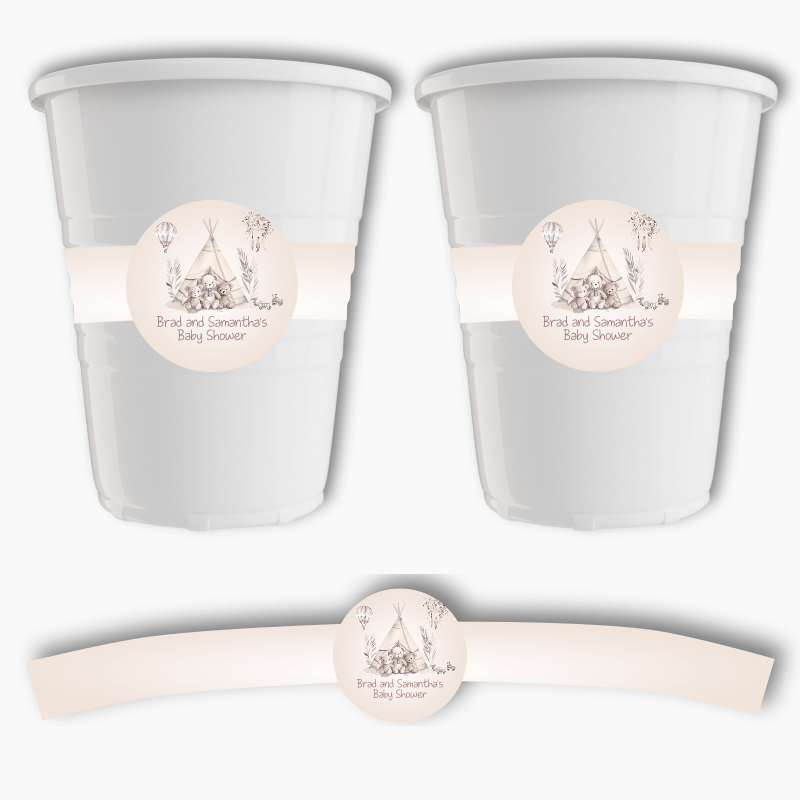 Personalised Boho Teddy Bears Baby Shower Cup Stickers