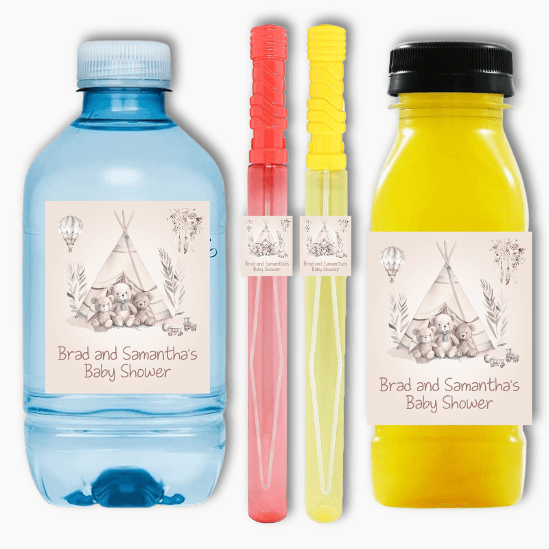 Boho Teddy Bears Baby Shower Rectangle Favour Stickers