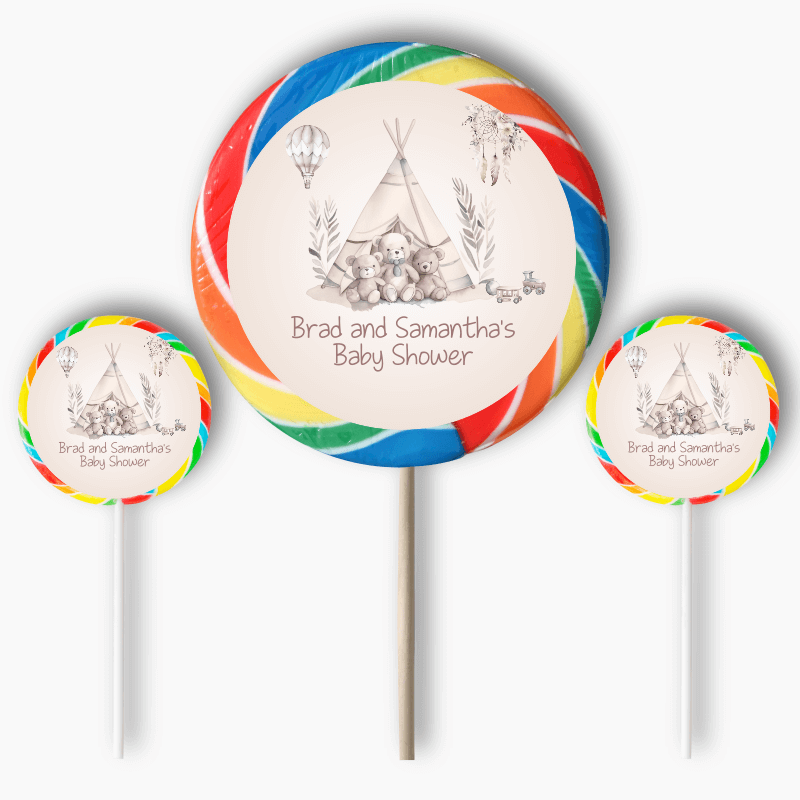 Personalised Boho Teddy Bears Baby Shower Round Stickers