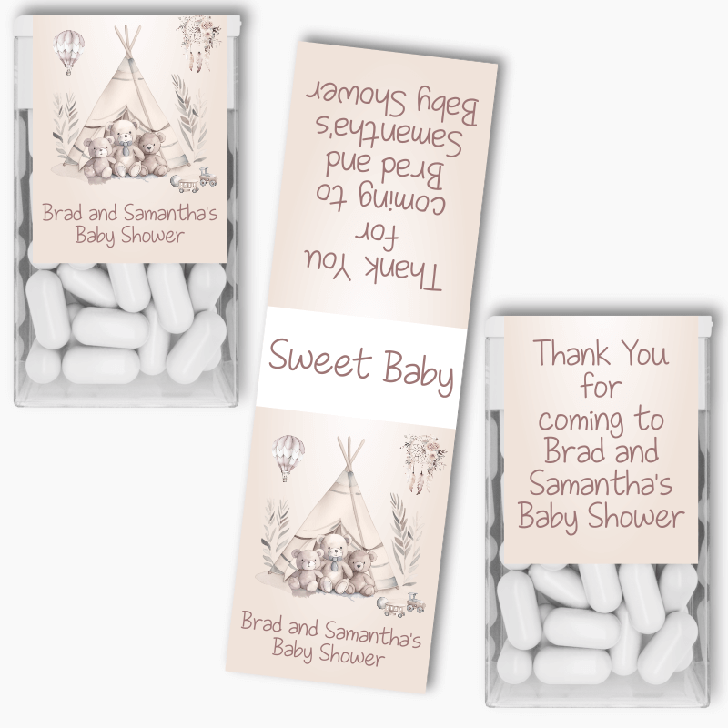 Personalised Boho Teddy Bears Baby Shower Tic Tac Labels