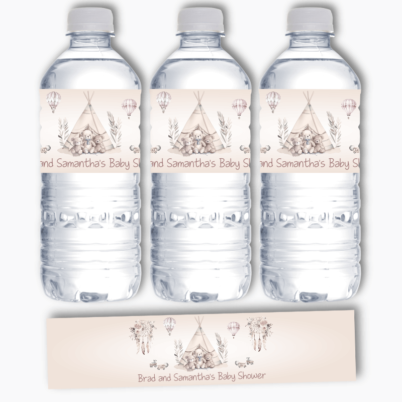 Personalised Boho Teddy Bears Baby Shower Water Bottle Labels