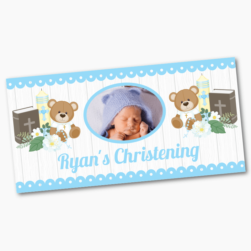 Personalised Boys Teddy Bear Christening Banners with Photo