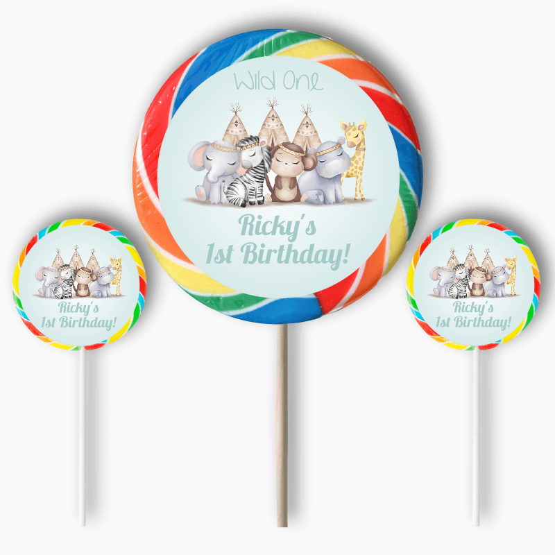 Personalised Boys Boho Jungle Animals Party Round Stickers
