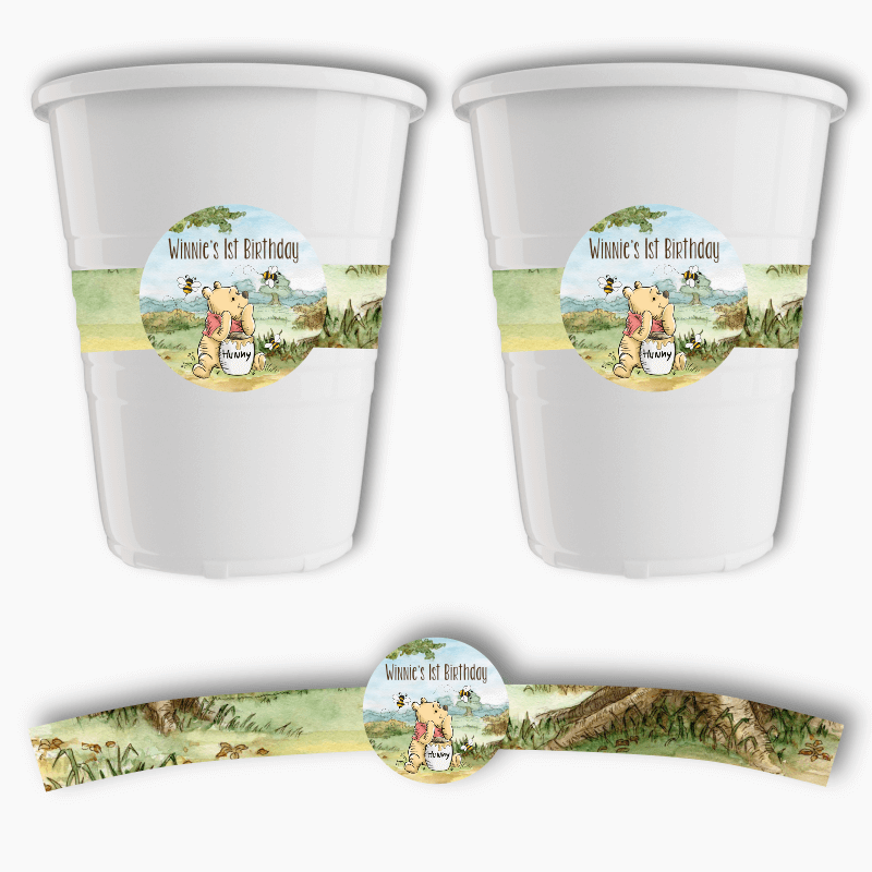 Personalised Classic Winnie the Pooh Party Cup Stickers