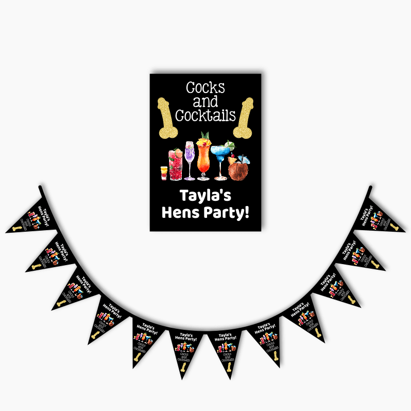 Personalised Cocks &amp; Cocktails Hens Poster &amp; Bunting Combo