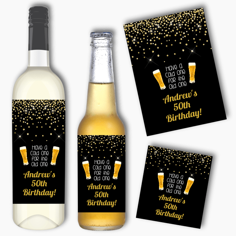 Personalised Cold One for the Old One Birthday Party Wine &amp; Beer Labels