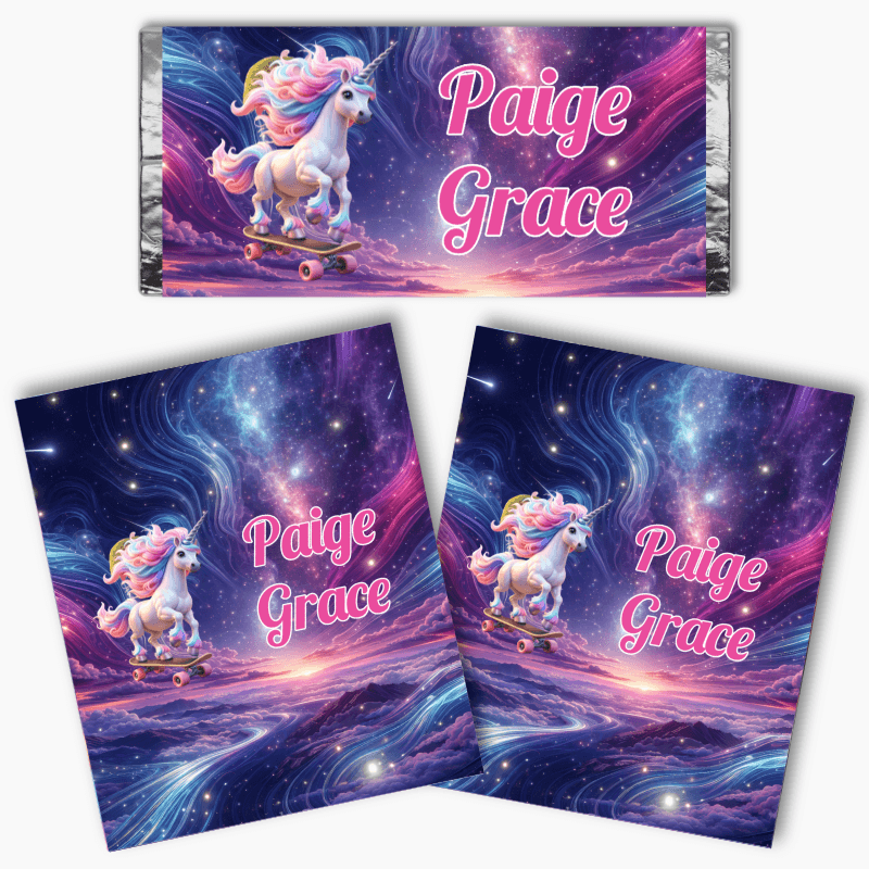 Personalised AI generated mini chocolate labels with unicorn design and name “Paige Grace” in colourful galaxy theme