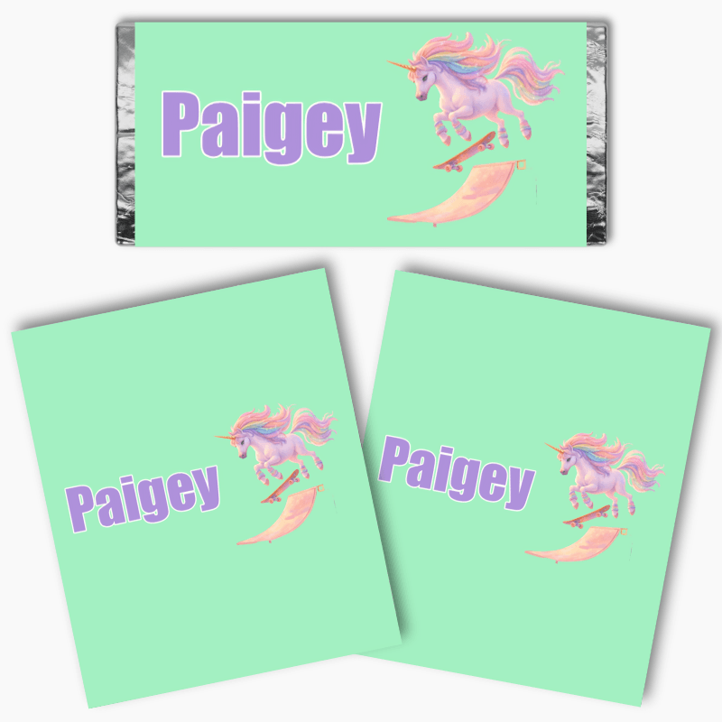 Custom AI image chocolate labels with unicorn on skateboard and personalised name on plain background