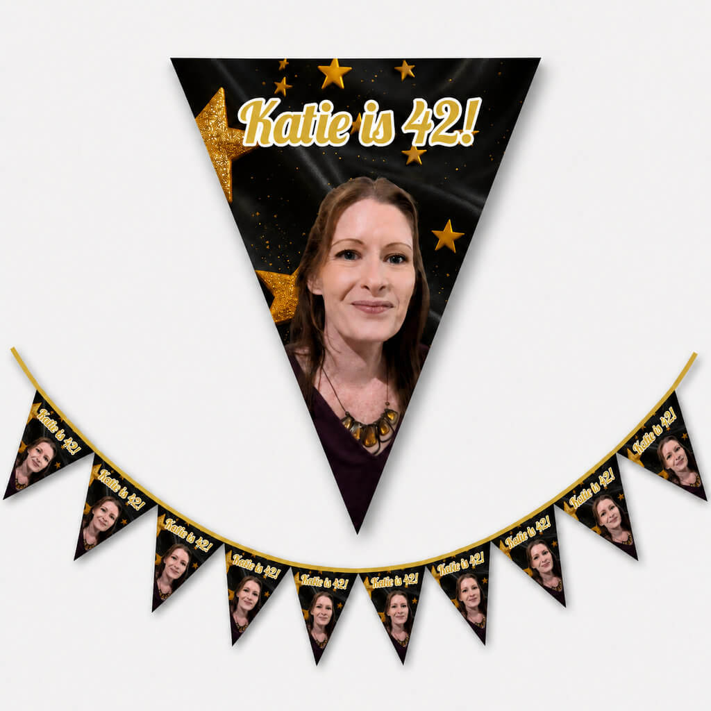 Personalised AI Photo Magic flag bunting with custom photo, gold star background and personalised birthday text for party decorations