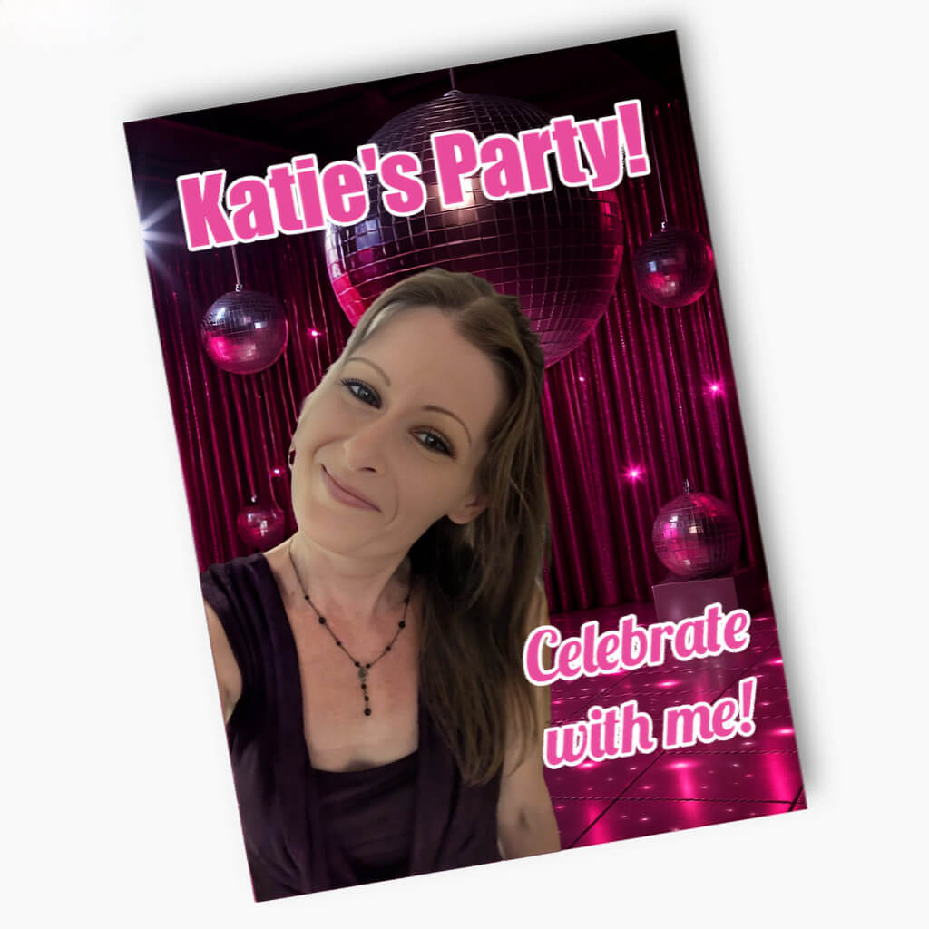 Personalised AI Photo Magic party poster with custom photo, disco ball background and personalised celebration text