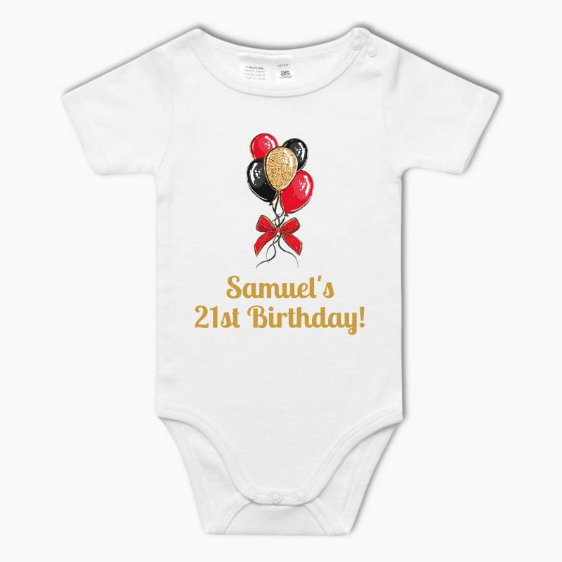 Personalised Black, Gold & Red Balloons Baby One-Piece Romper