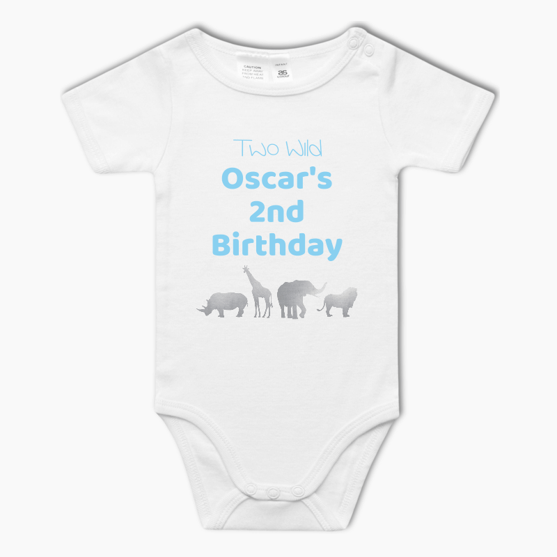 Personalised Blue & Silver Safari Animals Baby One-Piece Romper