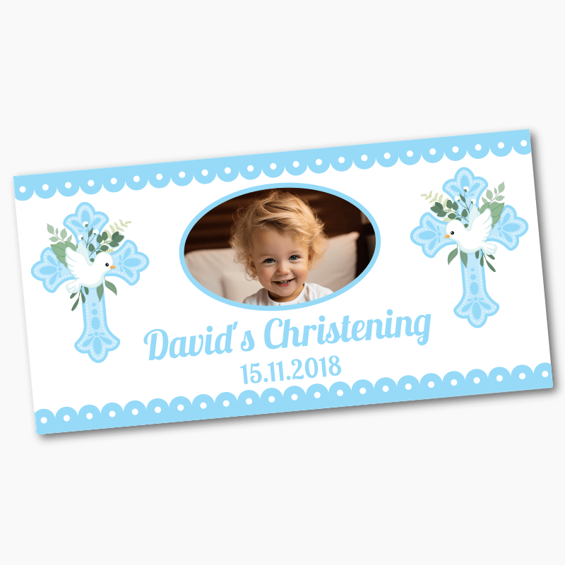 Personalised Blue & White Dove Christening Banners with Photo