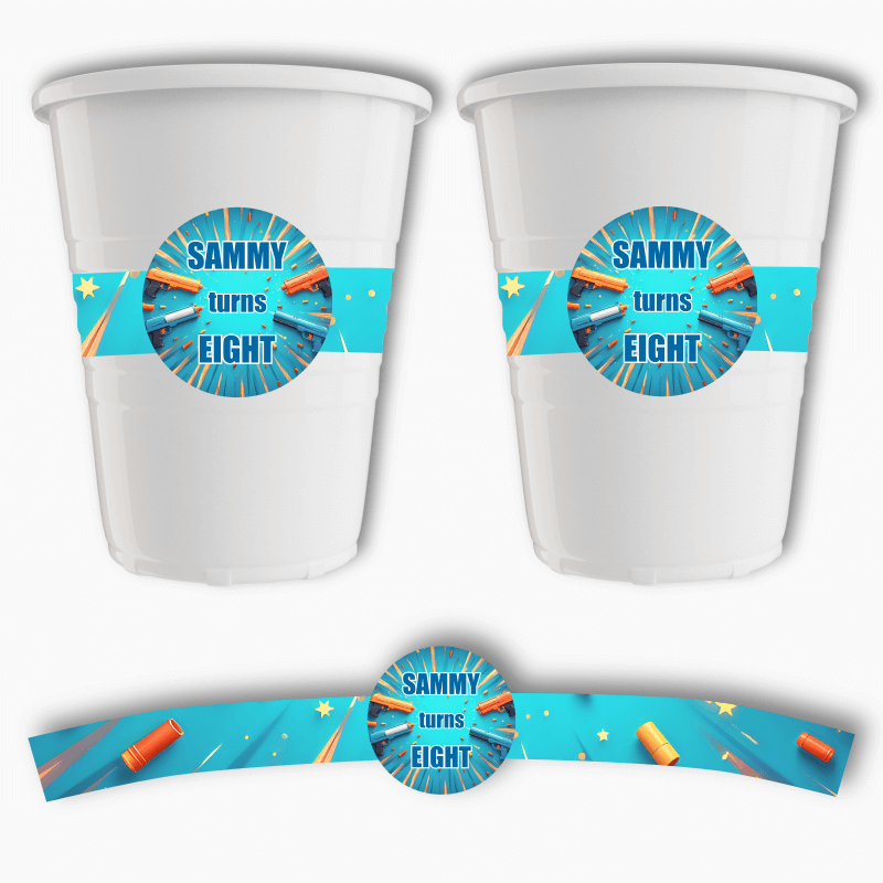 Personalised Toy Blaster Party Cup Stickers