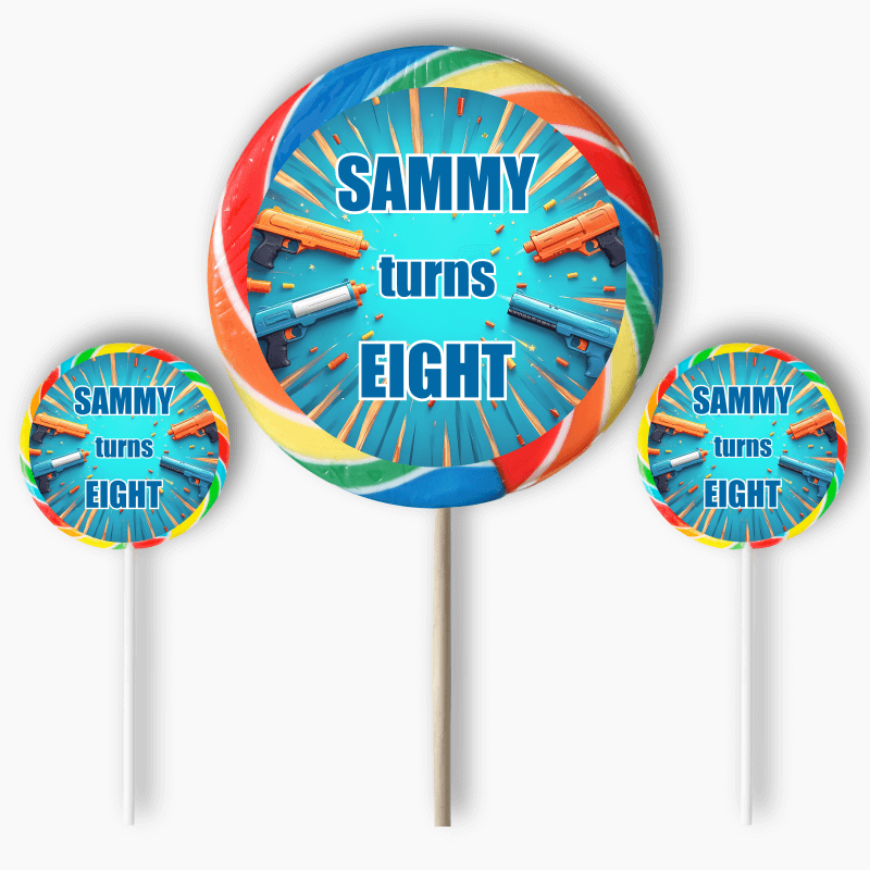 Personalised Toy Blaster Party Round Stickers