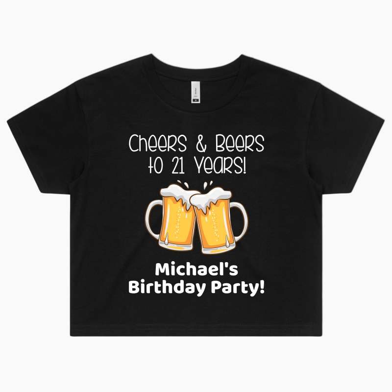 Personalised Cheers & Beers Birthday Party Crop Shirt - White