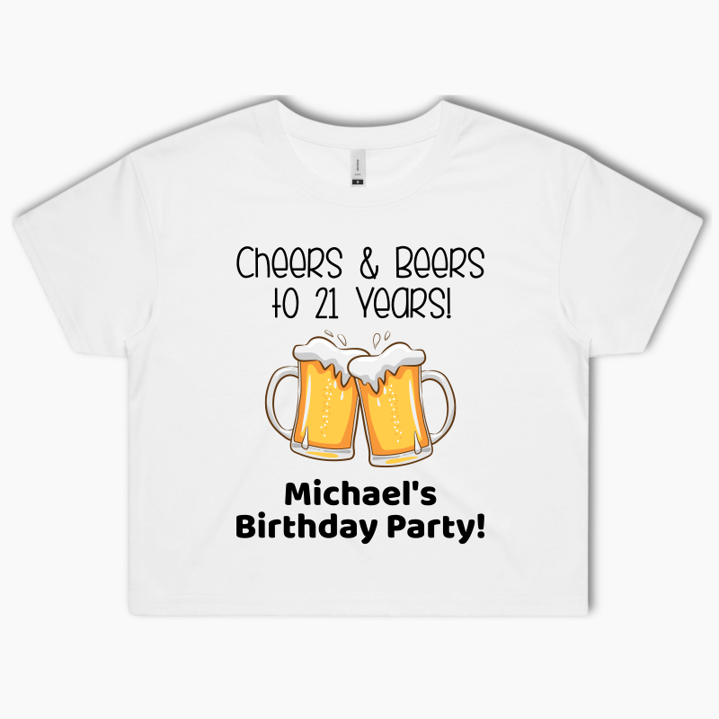 Personalised Cheers &amp; Beers Birthday Party Crop Shirt - White