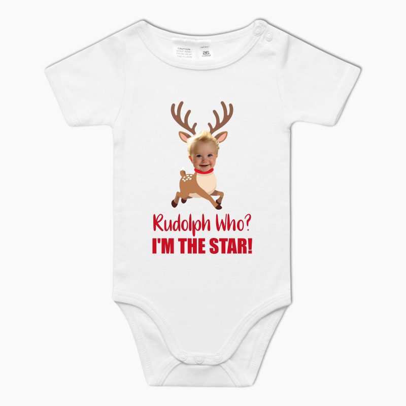 Personalised "Rudolph Who?" Xmas Baby One-Piece Romper