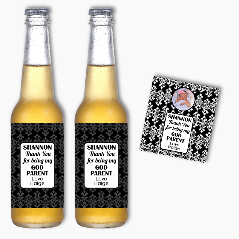 Elegant Damask Thank You Godparent Beer Labels